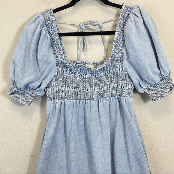 Altar’s State Denim Puff Sleeves Smocked Babydoll Mini Dress Size M - Picture 6 of 13
